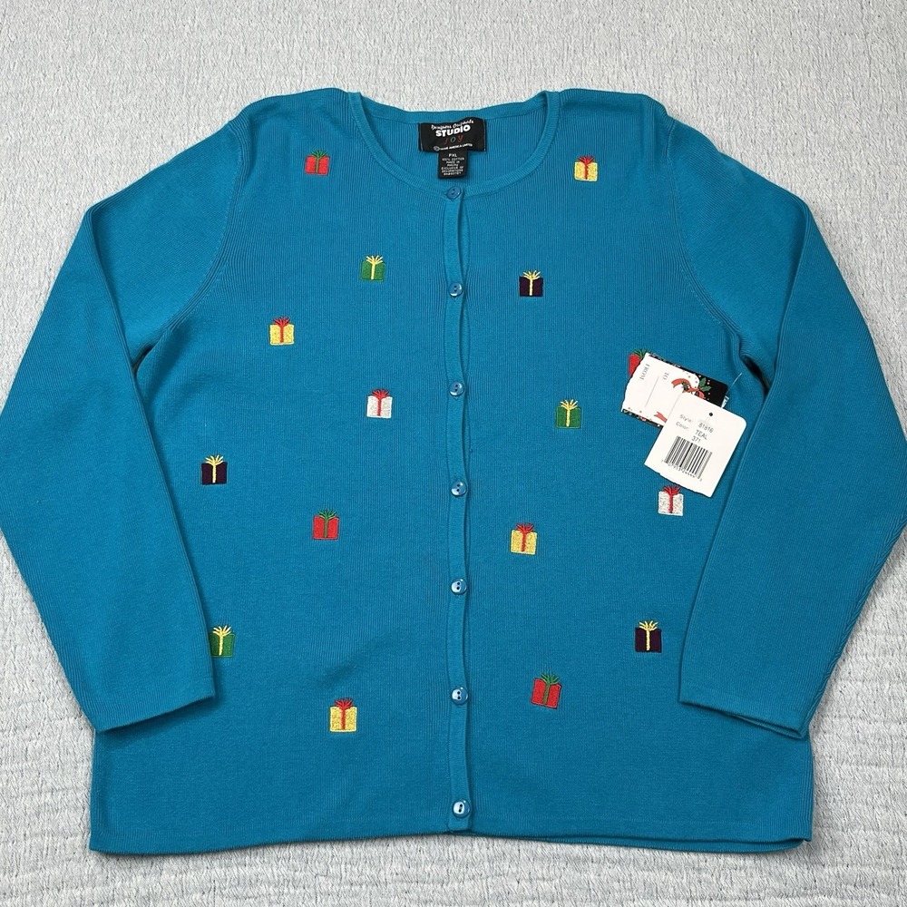 Designers Originals Studio Joy Blue Holiday Cardigan Ugly Christmas Sweater